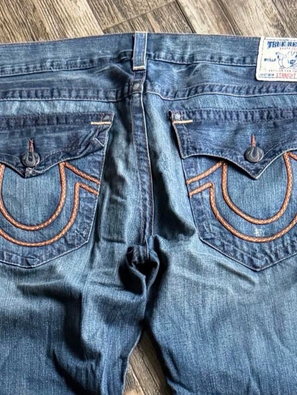 True Religion Men’s Blue Denim Jeans with Orange Contrast Stitching